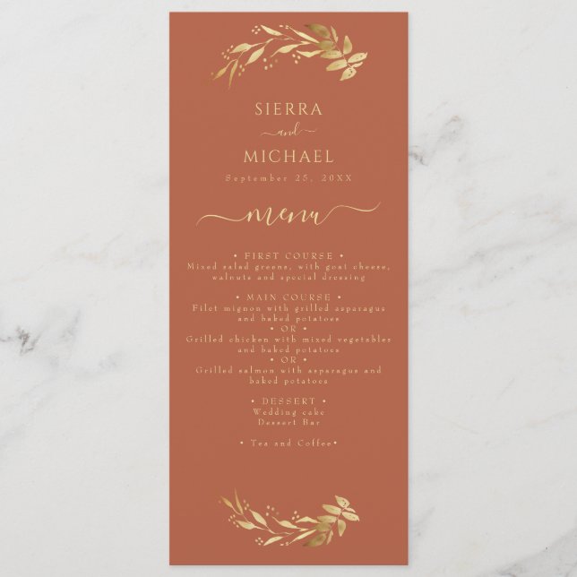 Elegant Terracotta Rust Gold Wedding Reception Menu (Front)