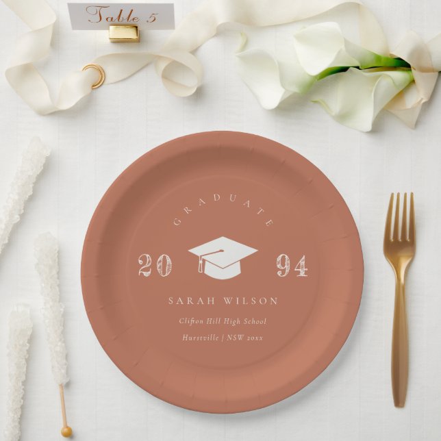 Elegant Terracotta Rust Minimal Simple Graduation Paper Plates (Wedding)