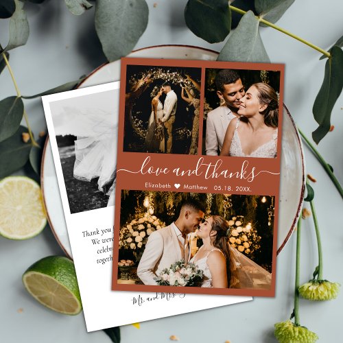 Elegant Terracotta Script 3 Photo Collage Wedding Thank You Card