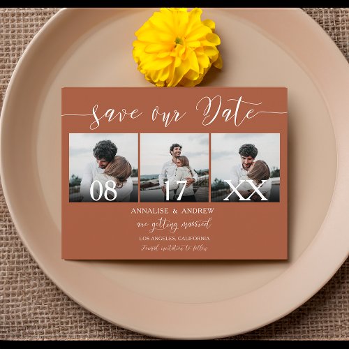 Elegant terracotta script 3 photos save the date postcard