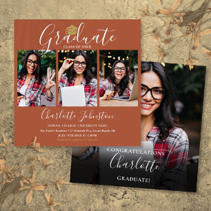 Elegant Terracotta Script 4 Photo Graduation Party Invitation