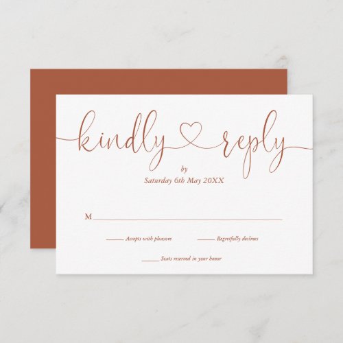 Elegant Terracotta Script Heart Kindly Reply RSVP Card