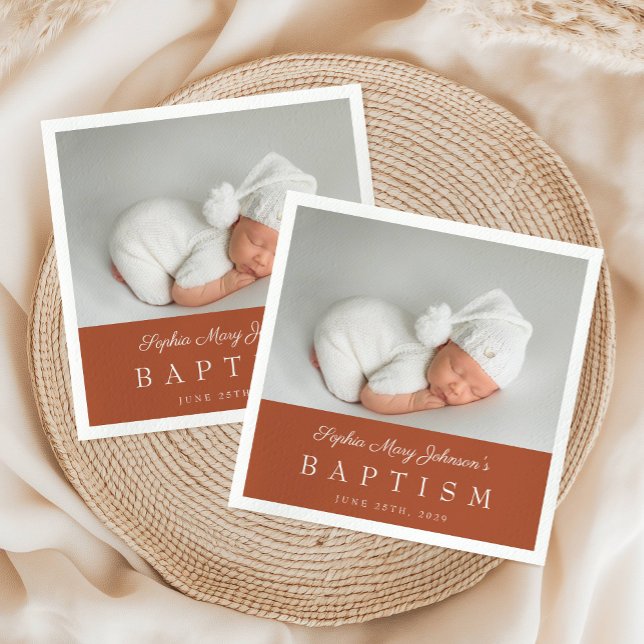 Elegant Terracotta Script Photo Baptism Napkins (Elegant Terracotta Script Photo Baptism Napkins)