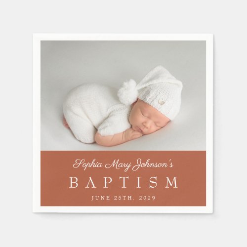 Elegant Terracotta Script Photo Baptism Napkins