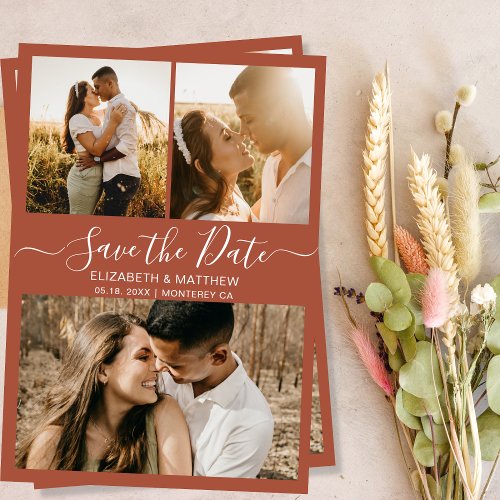 Elegant Terracotta Script Photo Collage Wedding Save The Date