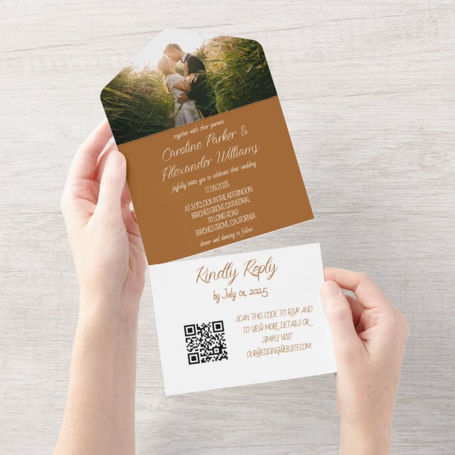 Elegant Terracotta Script RSVP Photo QR Code  All In One Invitation (Tearaway)
