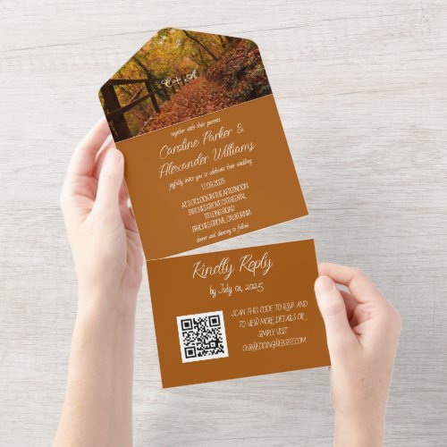 Elegant Terracotta Script RSVP Whimsical QR Code All In One Invitation