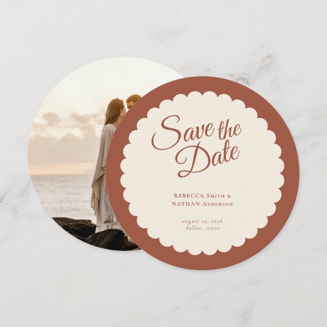Elegant Terracotta Script Scallop Wedding Photo Save The Date (Front/Back)