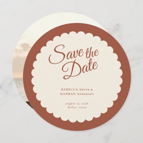 Elegant Terracotta Script Scallop Wedding Photo Save The Date