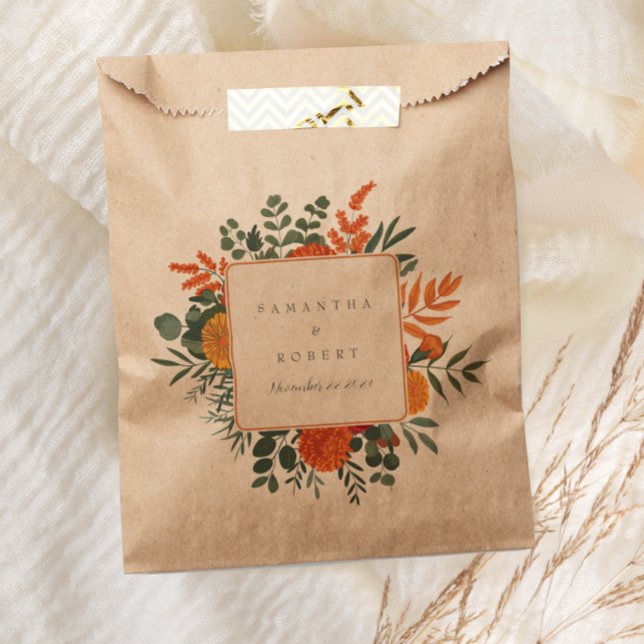 Elegant Terracotta Teal Fall Floral Border Wedding Favor Bag (Creator Uploaded)