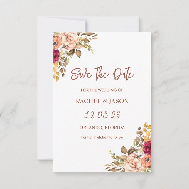 Elegant Terracotta Themed Watercolor Floral  Save The Date (Front)