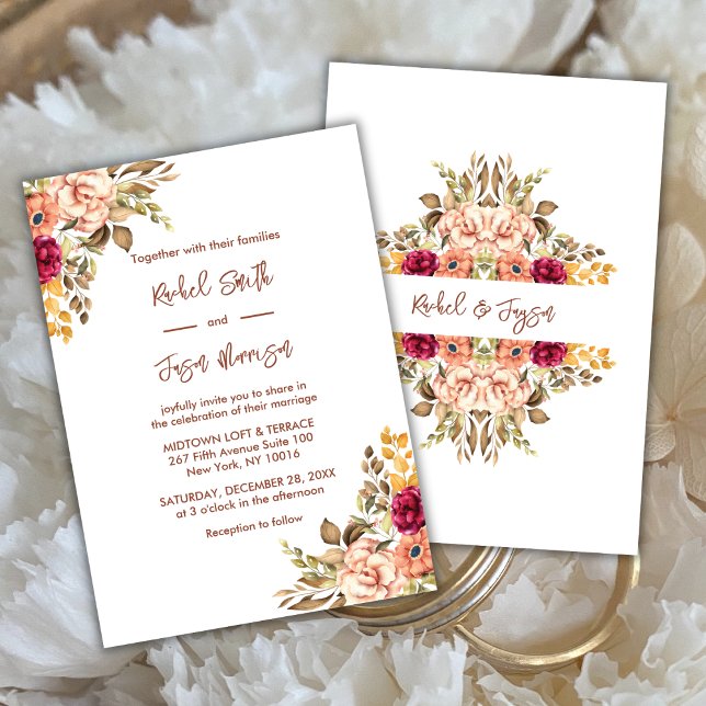 Elegant Terracotta Watercolor Floral Autumn  Invitation (Lovely Rustic Floral Terracotta Color Themed Wedding Invitation in White Background)