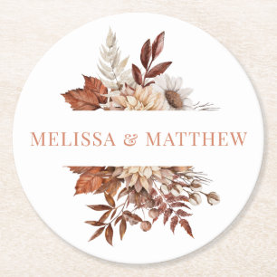 Elegant Terracotta Watercolor Floral Wedding Round Paper Coaster
