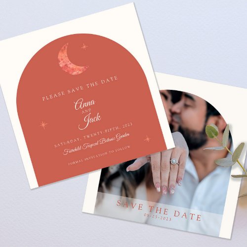 Elegant Terracotta Watercolor Moon and Stars Photo Save The Date