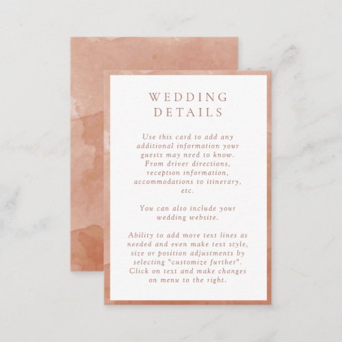 Elegant Terracotta Watercolor Wedding Details Enclosure Card