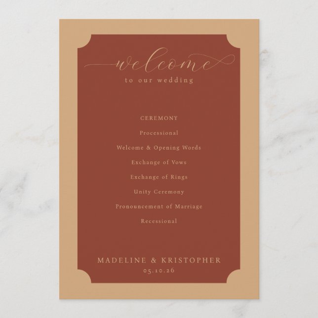 Elegant Terracotta Wedding Ceremony Schedule Program (Front)
