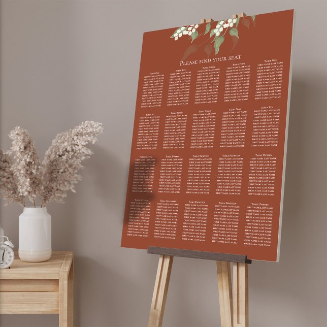 Elegant Terracotta Wedding Seating Chart Foam Board (Terracotta Wedding reception seating chart with 20 tables, up to 240 guests names. )