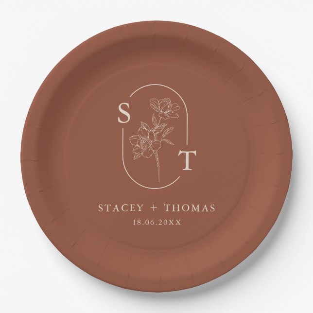Elegant Terracotta Whimsical Wedding Sticker Paper Plates (Front)