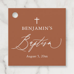 Elegant Terracotta White Cross Baptism Favor Tag