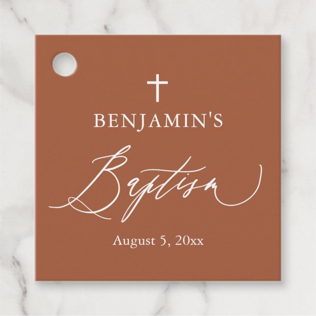 Elegant Terracotta White Cross Baptism Favor Tag (Front)