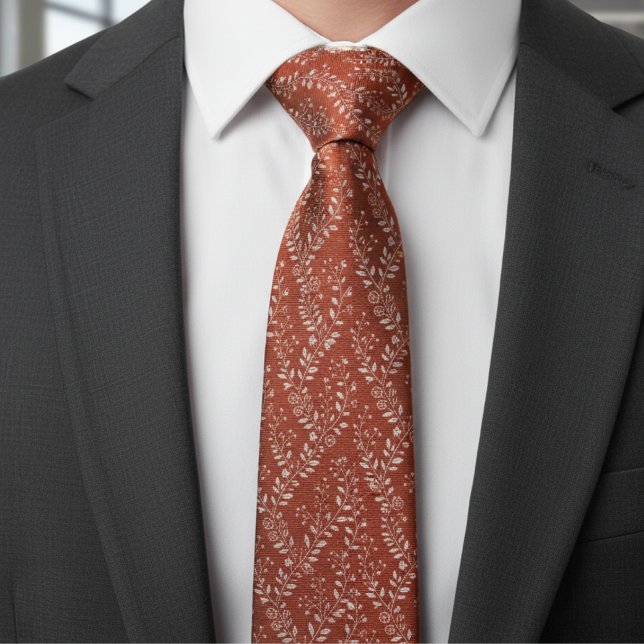Elegant Terracotta White Floral Neck Tie (Creator Uploaded)