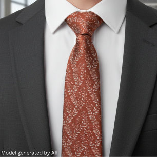 Elegant Terracotta White Floral Neck Tie