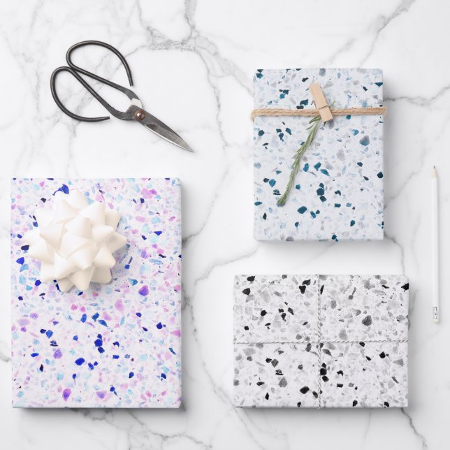 Elegant Terrazzo Purple Teal Black White Pattern Wrapping Paper Sheets (Front)