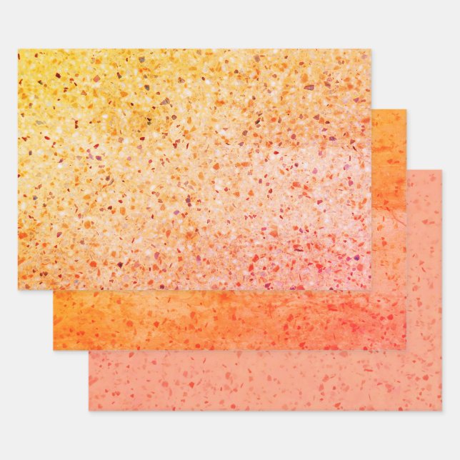 Elegant Terrazzo Retro Orange Pink Texture Pattern Wrapping Paper Sheets (Set)