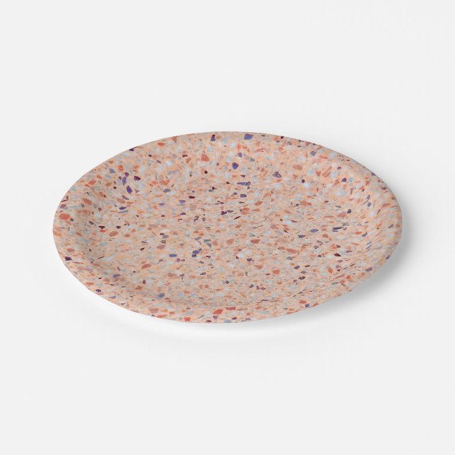 Elegant Terrazzo Retro Pink Purple White Pattern Paper Plates (Angled)