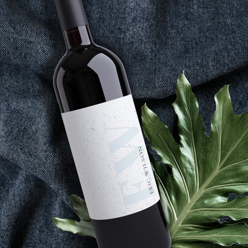 Elegant Terrazzo Stone Soft Blue Name Monogram Wine Label
