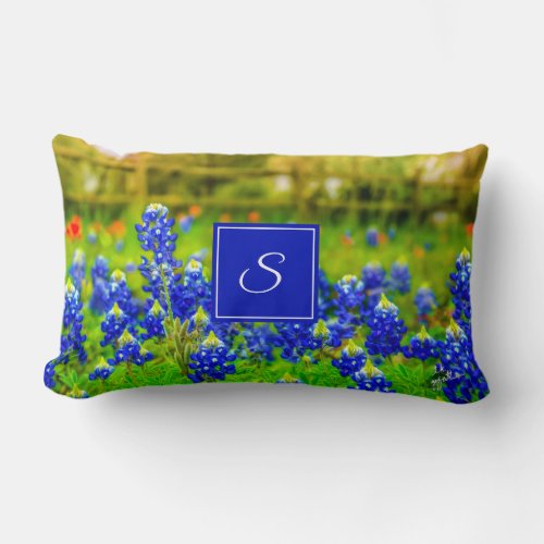 Elegant Texas Bluebonnets Blue Floral Monogram Lumbar Pillow