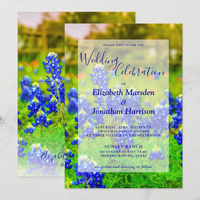 Elegant Texas Bluebonnets Floral Photo Wedding Invitation (Front/Back)