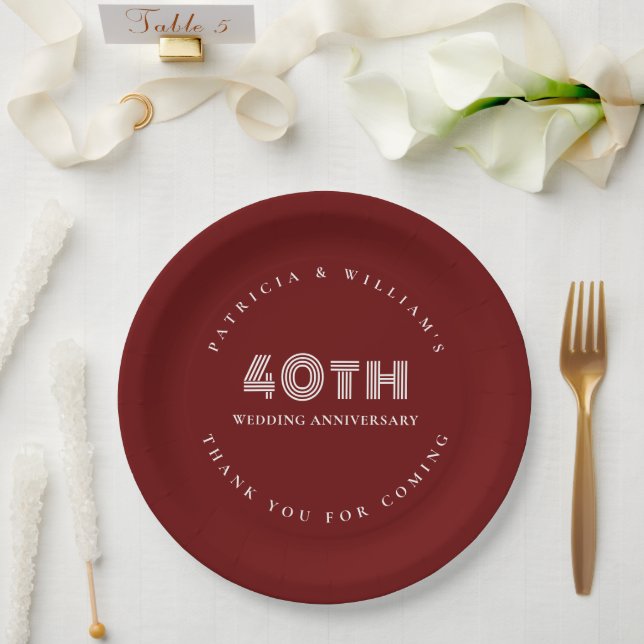Elegant Text Burgundy 40th Wedding Anniversary  Paper Plates (Wedding)
