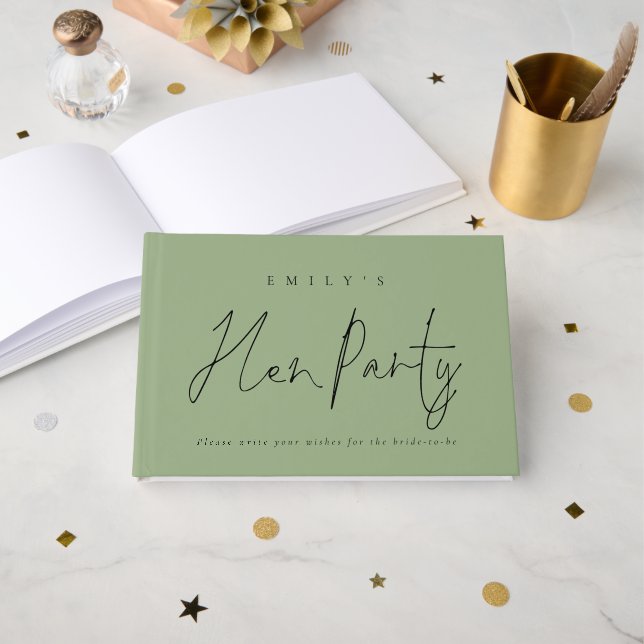 Elegant Text Hen Party Sage Green Guest Book (Front Open)