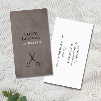 Elegant Texture Brown Black Scissors Hair Stylist Business Card by pro_business_card at Zazzle