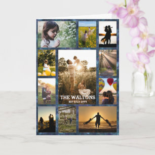 Elegant Textured Blue Frame Family Photo Collage Card