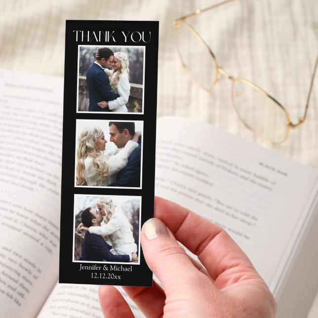 elegant thank you 3 photos black chic wedding bookmarks (Hand)