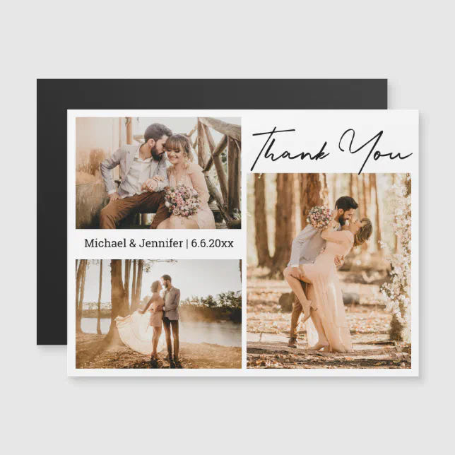 elegant thank you 3 photos collage wedding magnet | Zazzle