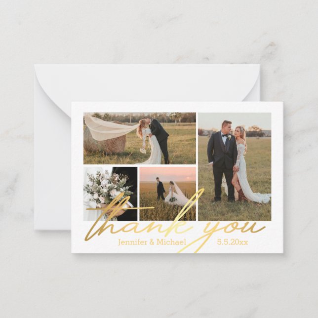 elegant thank you 4 photos wedding collage golden note card (Front)