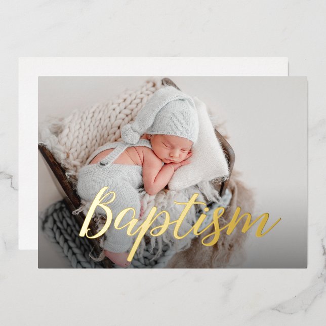 Elegant Thank you Baby Photo Baptism Script  Foil Invitation (Front/Back)