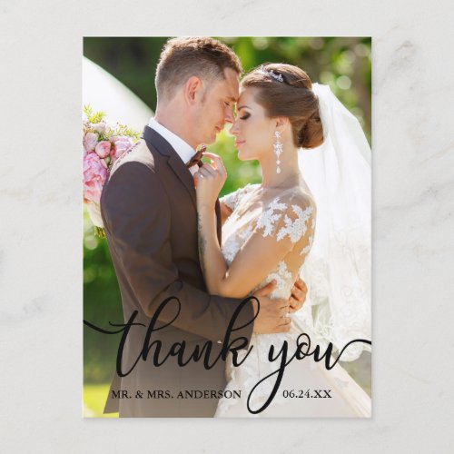 Elegant Thank You Black Script Wedding Photo Postcard