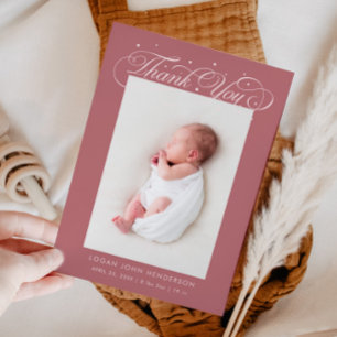 Elegant Thank You Calligraphy Pink Birth Announcement