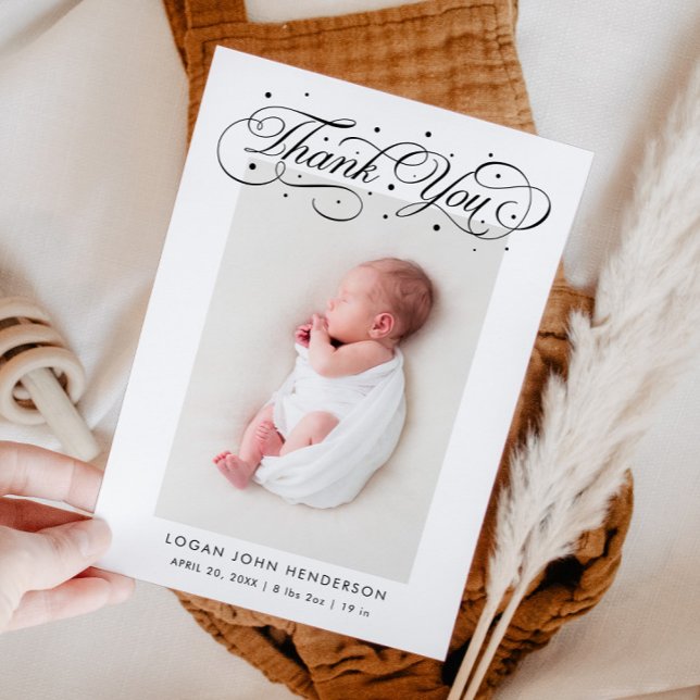 Elegant Thank You Calligraphy White Birth Announcement (Creator Uploaded)