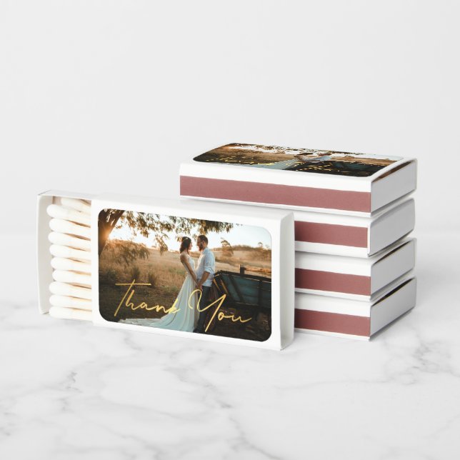 elegant thank you, gold script wedding photo matchboxes (Stacked)