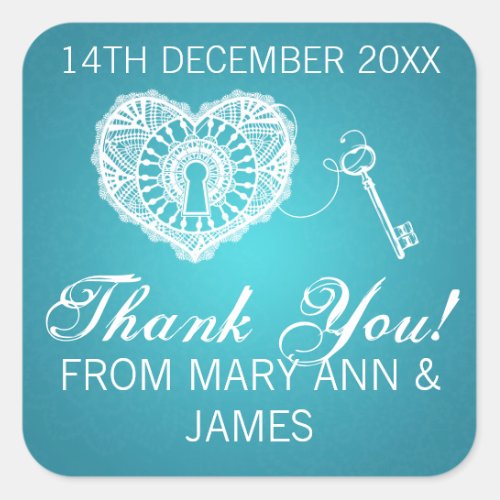 Elegant Thank you Key To My Heart Turquoise Square Sticker
