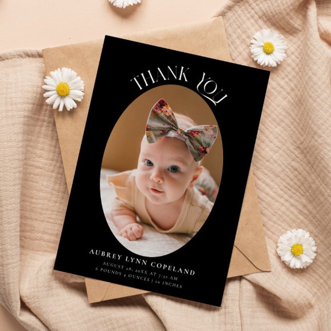 Elegant Thank You Oval Black Baby Photo Announcement (Creator Uploaded)