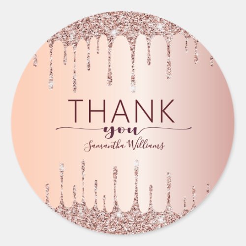 Elegant Thank You Rose Gold Glitter Drips  Classic Round Sticker