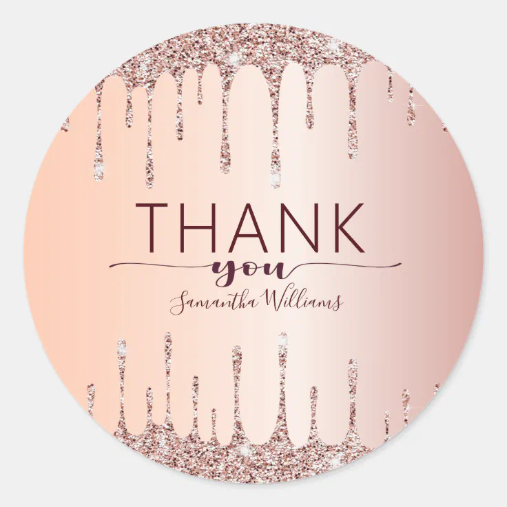 Elegant Thank You Rose Gold Glitter Drips Classic Round Sticker | Zazzle