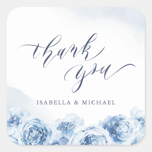 Elegant thank you script blue watercolor floral square sticker