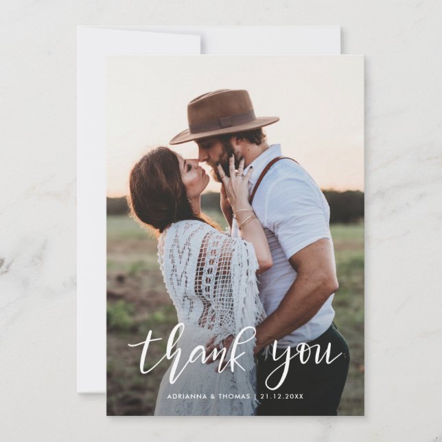 Elegant Thank You Script Couple Photo Wedding Card (Front)
